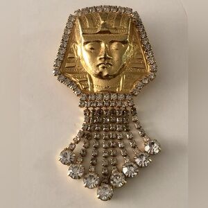 Egyptian King Pharaoh King Tut Goldtone With Dangling Rhinestones Brooch Pin